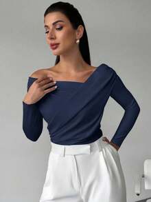 Firerie 女士优雅简约时尚不对称荷叶边领长袖露脐白色上衣，适合日常通勤、音乐节、度假等场合。 - 藏蓝色 - 查看 8