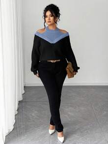 SHEIN Elenzya Women's 2 In 1 Off-Shoulder Contrast Color Sweater - Blue - View 3