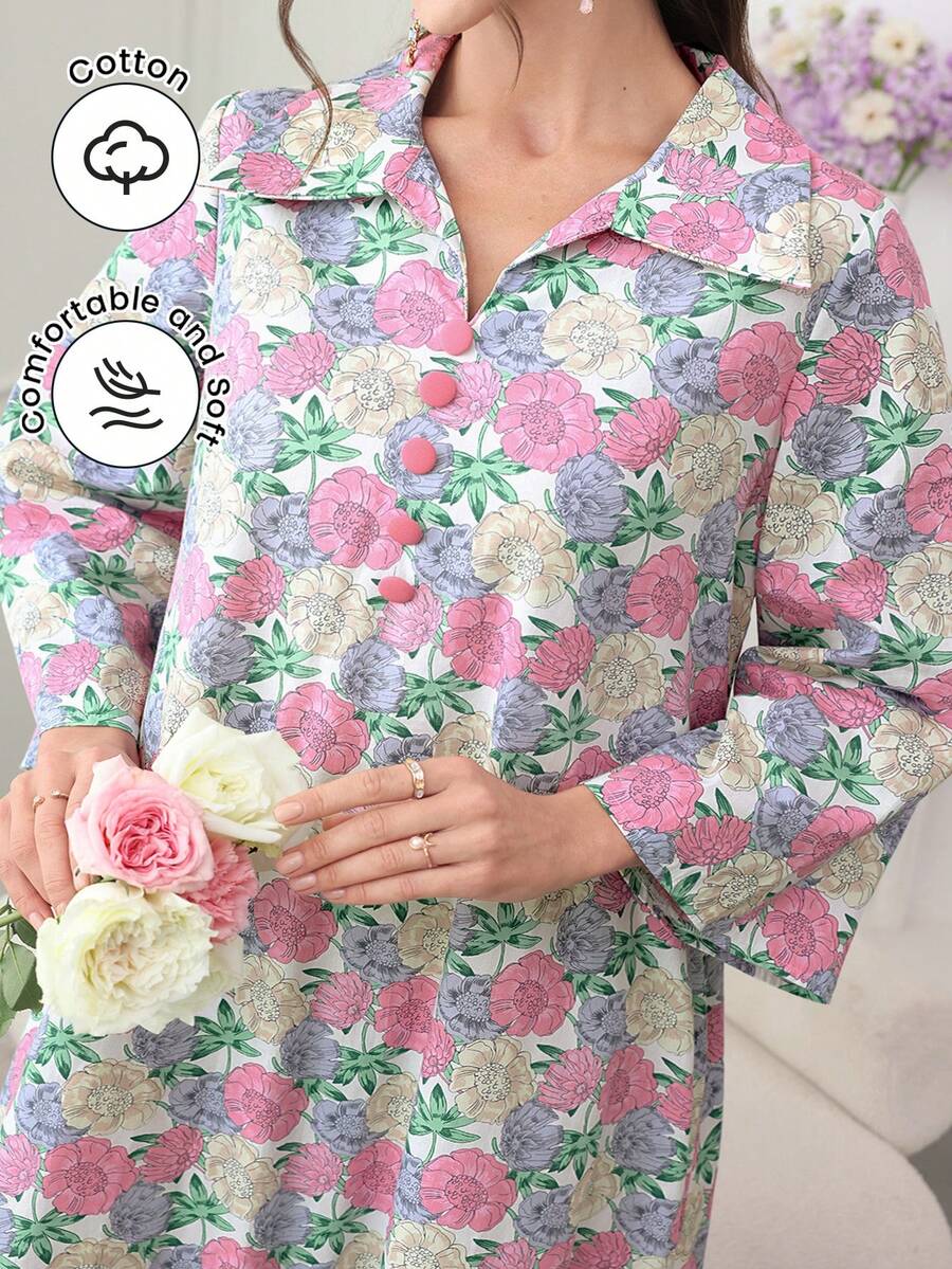 Al Najma Váy cotton tay loe cổ bẻ họa tiết hoa - Nhiều màu - Xem 1