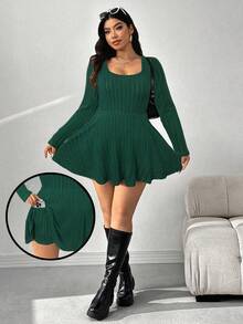 SHEIN EZwear 大码方领罗纹连体裤，橄榄绿 - 墨綠色 - 查看 1