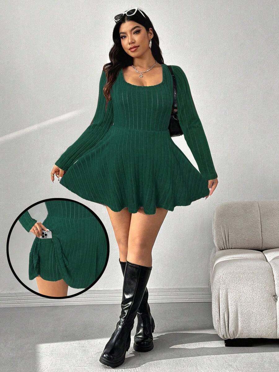 SHEIN EZwear 大码方领罗纹连体裤,橄榄绿 - 墨綠色 - 查看 1