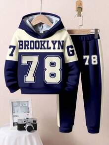SHEIN 2pcs/Set Young Boy Loose Casual Sports Sweatshirt And Pants,Autumn,Career Day,Back-To-School,Color Block Patchwork Brooklyn City Number 78 Letter G7 - Multicolor - View 3