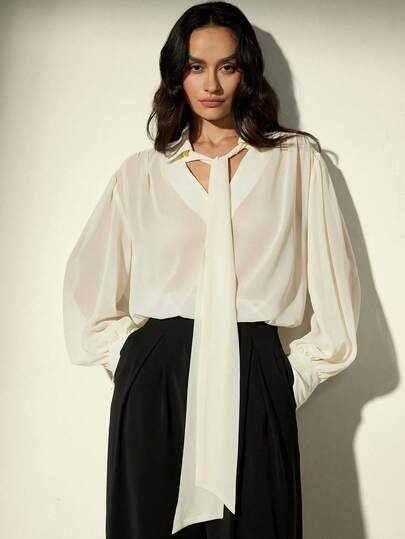 Aveloria Modichic Fashionable Solid Color Chiffon Ribbon Metal Buckle Decor Long Sleeve Shirt, European And American Style, Autumn/Winter