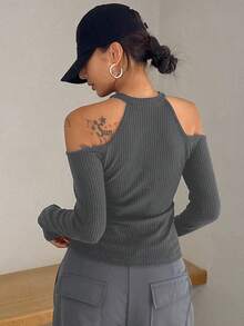 DAZY Women's Casual Everyday Commute Simple Solid Ribbed Cold Shoulder Long Sleeve Fitted T-Shirt, Spring/Autumn - Grey - View 4
