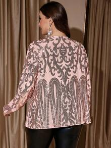 Reflora Große Größen Elegante Partyjacke in Champagner-Gold für Damen, Damen Winterjacke, Partyjacke, Pailletten bestickte Jacke mit Langarm, Damen Loose Fit Jacke mit langem Arm, glänzendem Silber-Heißprägedruck und Taschen, bequem, weich und glänzend, Weihnachts-Curvy-Jacke, romantisch, elegant, formell, hochwertige dreifarbige Jacquard-Stoff Jacke mit Langarm - Champagnerfarben - Übersicht 2