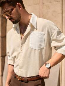 HIMLAND 男式休闲梭织拼接灯芯绒宽松插肩领夹克 - 彩色 - 查看 6