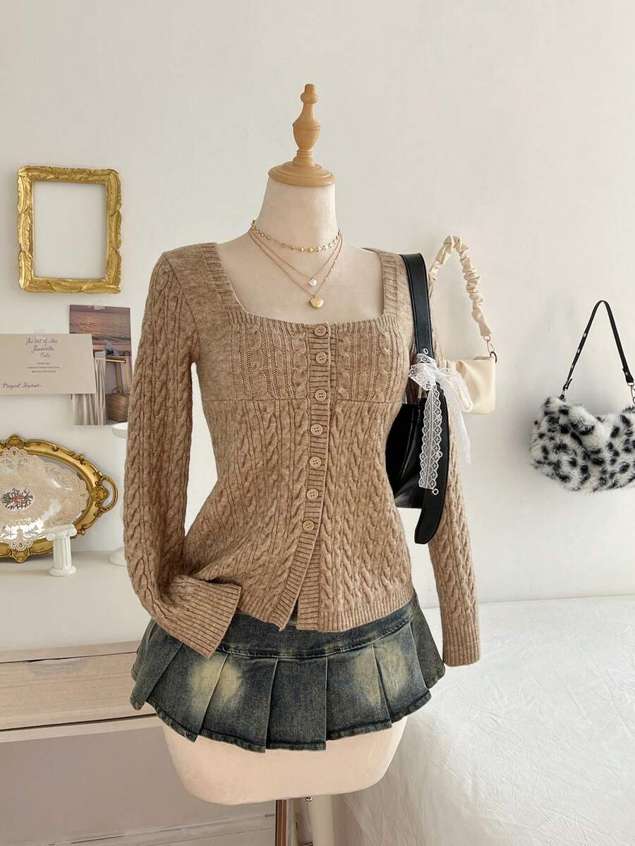Elamini Áo khoác cardigan cổ vuông cài nút phía trước dệt kim xoắn phong cách cổ điển dành cho nữ - Màu Khaki - Xem 1