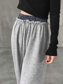 FRIFUL Women's Contrast Color Waist Patchwork Plaid Fabric Elastic Waist Drawstring Straight Leg Casual Loose Versatile Pants, Autumn/Winter - Grey - View 1