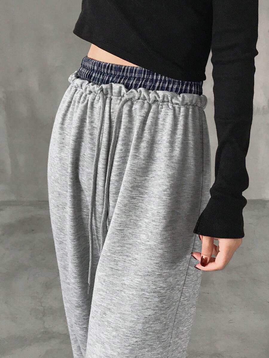 FRIFUL Women's Contrast Color Waist Patchwork Plaid Fabric Elastic Waist Drawstring Straight Leg Casual Loose Versatile Pants, Autumn/Winter - Grey - View 1