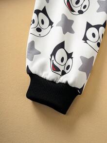 SHEIN Felix The Cat Young Girl Cute Cartoon Cat Pattern Sweatshirt, Black & White Adorable Graphic Long Sleeve Sweatshirt - Black - View 5