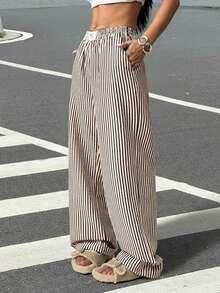 SHEIN EZwear 棕色条纹梭织休闲阔腿裤 - 棕色 - 查看 5