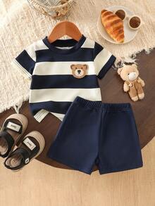 SHEIN 0-3岁婴幼儿男女通用夏季蓝杏条纹圆领短袖上衣搭配纯蓝色短裤套装，休闲运动风，适合户外、室内玩耍、亲子活动、夏季派对等场合。 - 寶藍色 - 查看 3