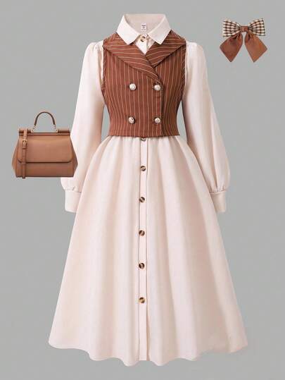 Sparklyn 2pcs Girls Striped Blazer Vest & Solid Collar Puff Sleeve Shirt Dress Set, Vintage Elegant Lady Outfit Fall Winter