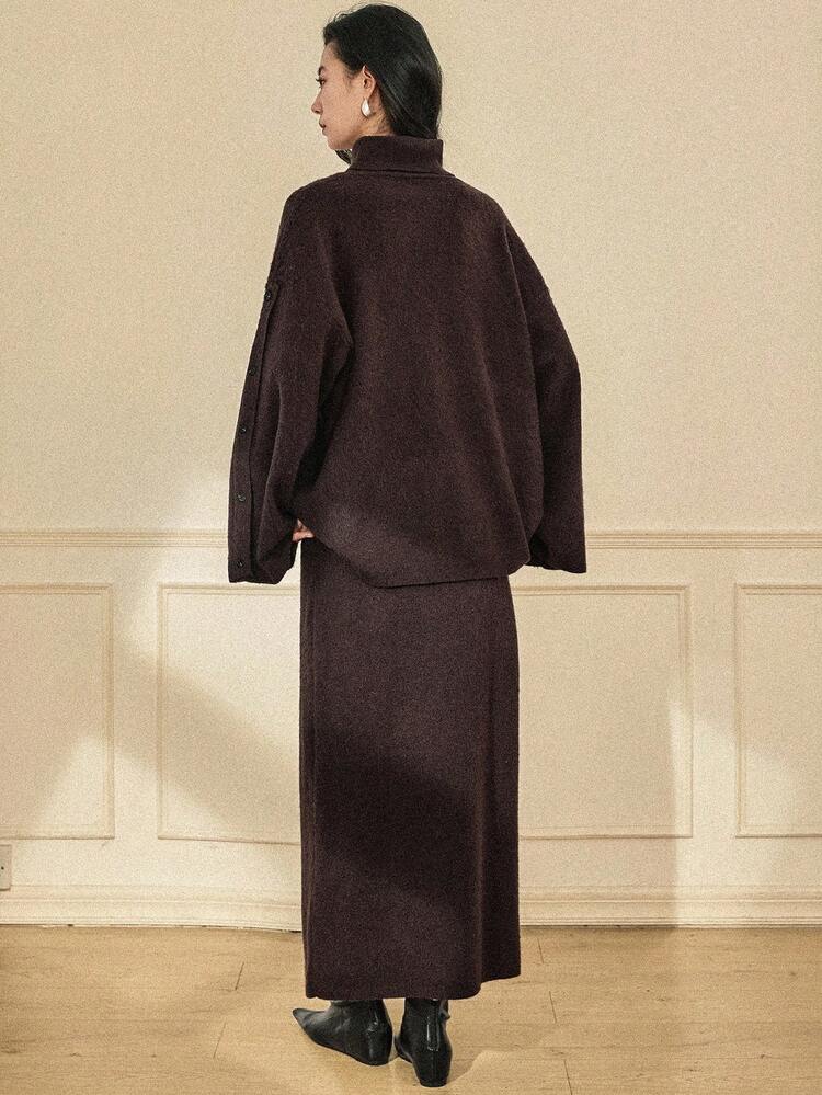 Women's Casual Daily Commute Simple Solid Color Turndown Collar Cardigan Batwing Sleeve Loose Sweater & Sweater Skirt 2-Piece Set, Autumn/Winter Business Casual Woman