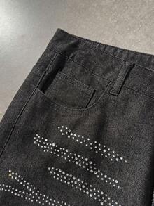 ROMWE MEN Men's Rhinestone Embellished Pocket Wide Leg Loose Casual Jeans - Black - View 3