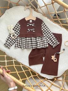 Cozy Pixies 2 pièces Ensemble Top à manches longues col rond avec nœud décoratif et pantalon droit à taille élastique pour bébé fille en patchwork à carreaux - Tabac - Voir 4