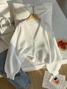 Comfortcana Cardigan Rajut Bergaris Polos Kasual Ukuran Besar dengan Bahu Jatuh, Sweater Cardigan Putih, Pakaian Musim Gugur untuk Wanita - Putih - View 3