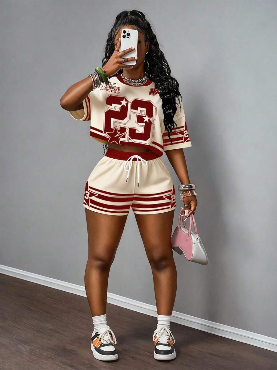 Slaydiva 两件套女士休闲运动街头风圆领短袖T恤和短裤，宽松雪花图案T恤套装 - 彩色 - 查看 1