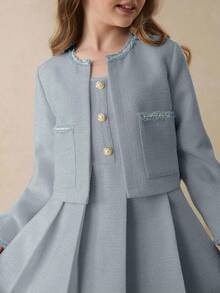 Setelan Jaket Tweed Lengan Panjang Warna Biru Muda Elegan dan Gaun Pendek Tanpa Lengan Berpinggang Tinggi untuk Remaja Perempuan, Cocok untuk Kembali ke Sekolah atau Wisuda Musim Gugur - Biru - View 4