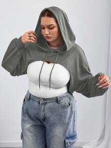 SHEIN CURVE+ 大码黑色针织超短款连帽毛衣，适合秋冬穿/秋冬 - 灰色 - 查看 8