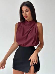 Firerie 女士优雅时尚新款通勤办公日常度假音乐节不对称褶皱杏色衬衫，春夏款 - 酒紅色 - 查看 7