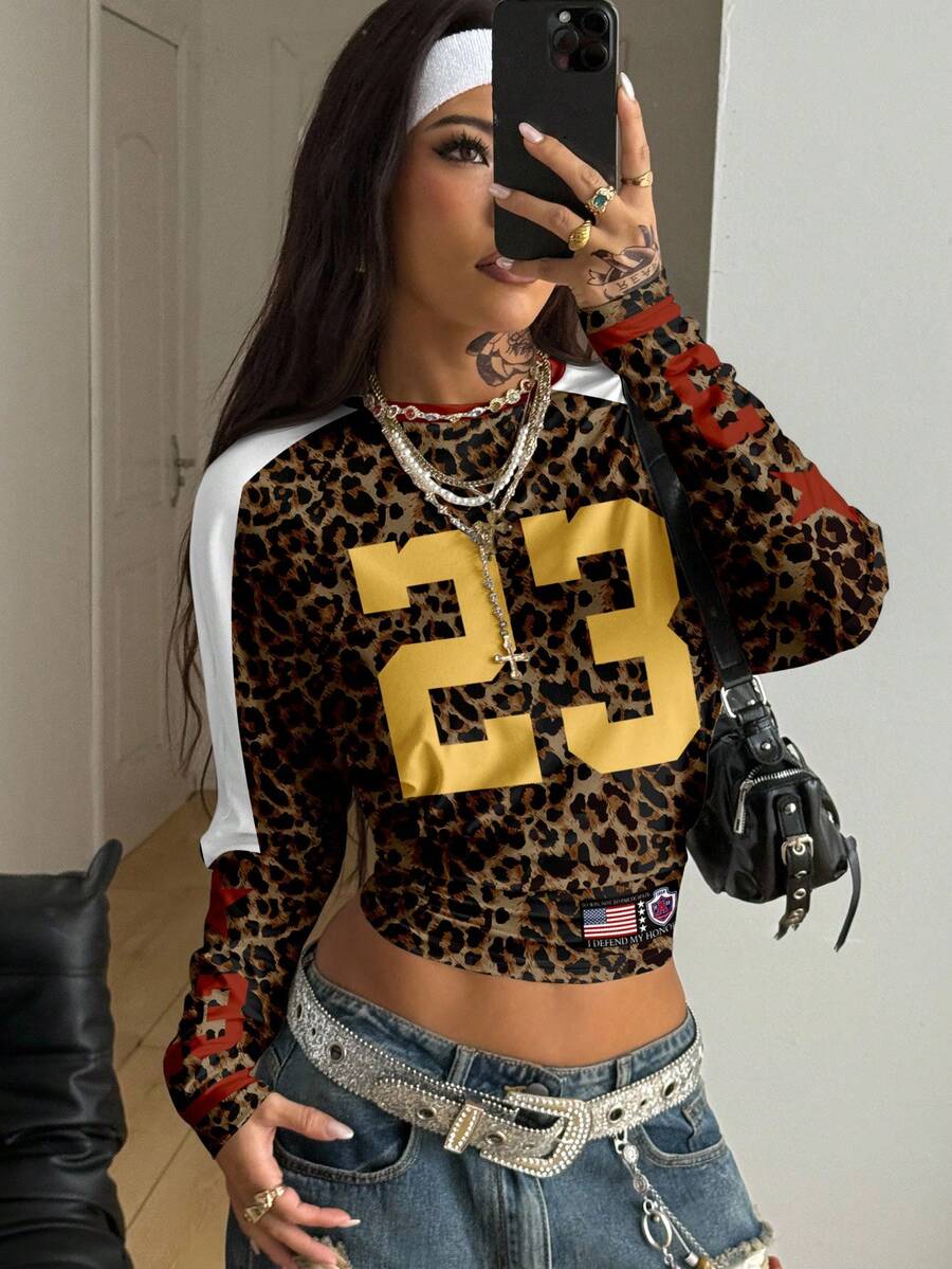 Coolane Casual Vintage Street Style Leopard Print Contrast Color Letter Number 23 Graphic Long Sleeve Ruched Waist Sexy T-Shirt For Women, Suitable For Autumn/Winter, Vintage, Preppy, Versatile, Sexy, Cute, Y2K, Coconut Girl, Boho, Hippie, Music Festival Leopard Print Top Y2k Top