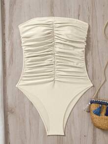 Swim Chiccia Đồ bơi liền mảnh xếp nếp màu trơn dành cho nữ, trang phục đi biển mùa hè - Màu be - Xem 3