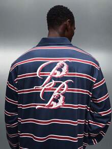 PLAYBOY X SUMWON Men's Horizontal Striped Long Sleeve Polo Shirt Boxy Fit Classic Casual Rugby Style Collared Top - Multicolor - View 1