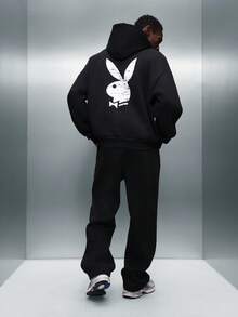 PLAYBOY X SUMWON Pullover Hoodie And Sweatpants Set With Drawstring Hood Centre Pocket Bunny Logo Print Casual Loungewear Co-Ord Set Winter Fall - Black - View 1