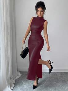 SHEIN Elenzya Đầm dài ôm sát gợi cảm cổ đứng không tay chất liệu da co giãn thắt lưng nơ bên hông mới cho nữ, phù hợp cho các buổi hẹn hò, tiệc tùng, đi chơi, trẻ trung và thanh lịch, mùa thu/đông - Màu Đỏ Sâu - Xem 5