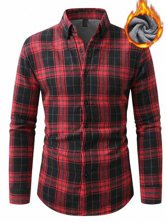 Manfinity Bizformal Men's Classic Red Plaid Casual Long Sleeve Shirt Thermal Lined Shirt For Christmas