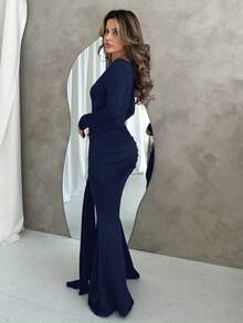Jemour Nouvelle arrivée Robe élégante à manches longues ajustée de couleur unie pour femmes - Bleu marine - Voir 6