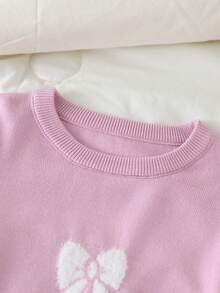 Tween Girls Cute Pink Sweater, Oversized Bow Knit Pullover, Loose Fit Long Sleeve Cropped Top, Soft Back-To-School Clothes For Autumn Holiday - Pink - View 7