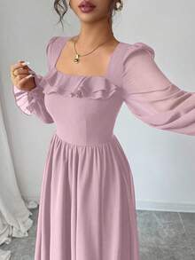 Modelyn French Style Waist Cinching Square Neck Ruffle Hem Dress - Pink - View 3