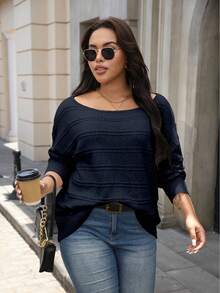 SHEIN CURVE+ 大码女式套头毛衣，宽松圆领针织衫，休闲舒适风格，适合秋冬季、万圣节、圣诞节、返校季穿着。 - 寶藍色 - 查看 6