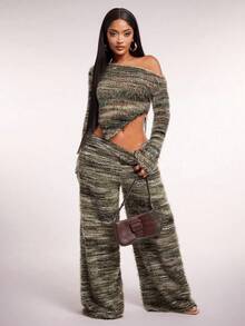 Radiana 女士性感休闲复古美拉德棕色不对称肩长袖上衣，修身针织衫，柔软舒适，适合秋冬季穿着 - 彩色 - 查看 4