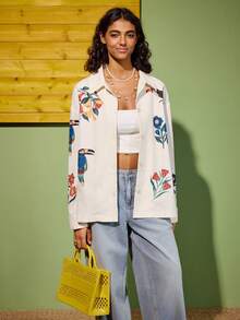Felipe Marques Jaket Wanita Motif Bunga & Burung, Pakaian Luar Kasual untuk Liburan, Cocok untuk Musim Gugur, Musim Dingin, Musim Semi, Pantai, Gaya Boho - Aprikot - View 4