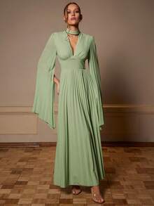 Silquee 女士优雅派对纯色褶皱披肩袖连衣裙 - 綠色 - 查看 5