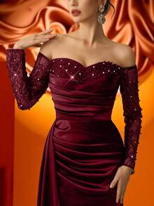 Coutiva 优雅奢华的串珠亮片网纱拼接高开衩荷叶边美人鱼裙，适合婚礼、单身派对、度假、庆典、正式活动（装饰版）、毕业典礼等场合。 - 酒紅色 - 查看 6