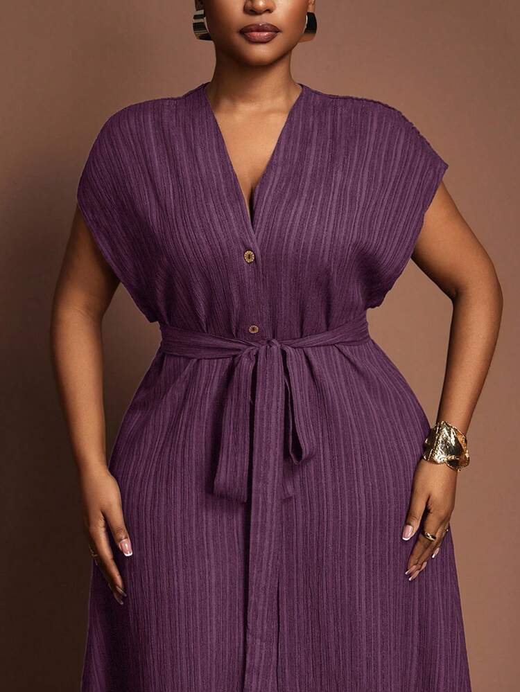 Versatile All-Match Casual Elegant Ruffled Tie Waist Short Sleeve Plus Size Beach Dress, Suitable For Easter, Western, Beach, Boho - Purple - View 7