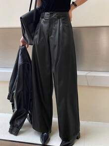 Dazy Tall 女士高个/长款PU皮裤，直筒，褶裥，宽松，休闲都市裤