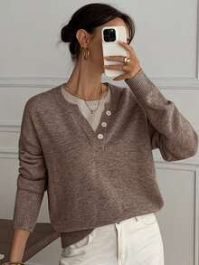 DAZY Casual Color Block Henley Neck Pullover, Soft Knit 2 In 1 Sweater For Women - Mocha Brown - View 2