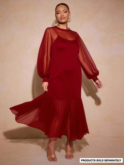 Vixey Burgundy Red Tulle Ruffle Hem Sheer Mesh Balloon Sleeve Tunic Top, Unlined, Cami Sold Separately