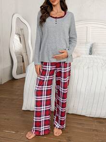 Moonlight&Mama 2pcs Maternity Sleepwear Set: Contrast Lace Crew Neck Long Sleeve Top And Plaid Print Pants, Winter - Light Grey - View 7