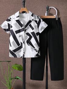 SHEIN Vacaura 2件套 青少年男童休闲通勤几何线条印花短袖衬衫和裤子套装 - 黑色 - 查看 3