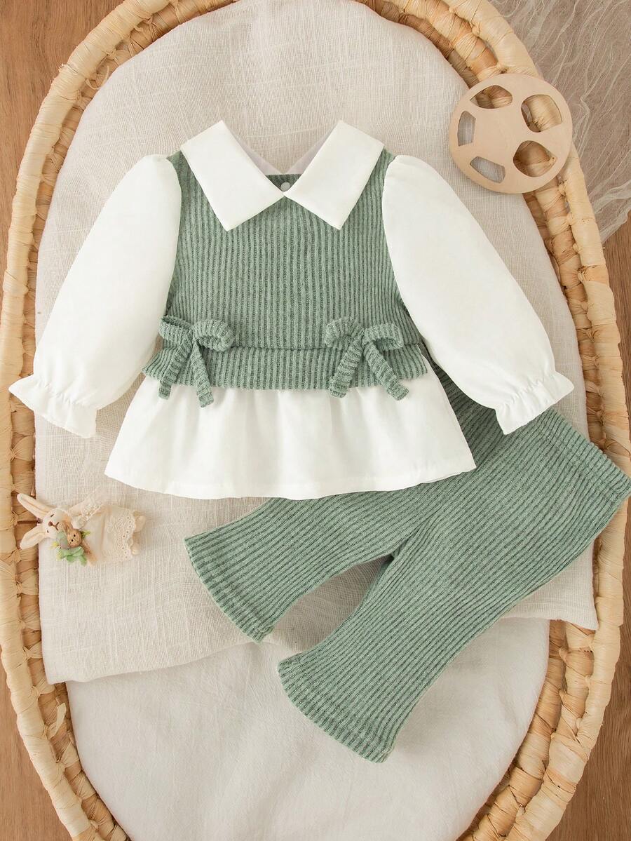 SHEIN Bộ 2 món/Bộ trang phục thường ngày cho bé gái sơ sinh, áo dài tay cổ bẻ phối màu và quần len rộng rãi - màu xanh lá - Xem 1