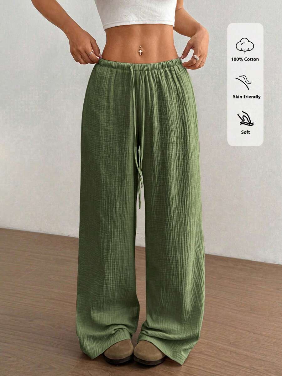 SHEIN MOOSTA 女式超低腰休闲棉质直筒裤 - 軍綠色 - 查看 1