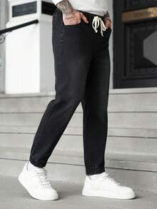 Manfinity Homme 男士抽绳腰带口袋直筒宽松休闲百搭牛仔裤 - 黑色 - 查看 7