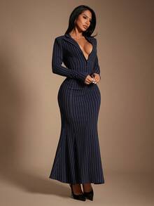 Radiana 女士优雅简约藏蓝色条纹翻领长袖修身连衣裙（带垫肩），复古现代西装裙，长款连衣裙，燕尾服连衣裙，美人鱼连衣裙，条纹连衣裙，休闲商务女装，时尚高端套装，适合休闲外出、通勤、办公室、工作场所、聚会、派对、正式场合。弹力面料，修身显瘦，凸显身材曲线。 - 藏蓝色 - 查看 5