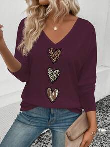 EMERY ROSE Women's Spring/Summer New Arrival Ombre Leopard Print Heart Pattern Casual V-Neck Long Sleeve T-Shirt - Red Violet - View 4